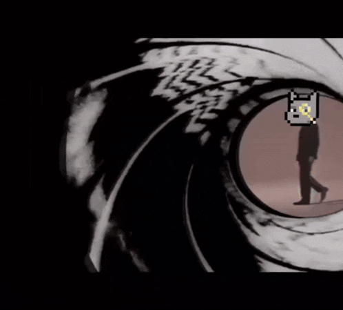 a picture of a man walking through a gun barrel with a pixelated face on it