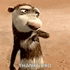 a cartoon opossum is standing on its hind legs in the dirt and says `` thanks bro '' .