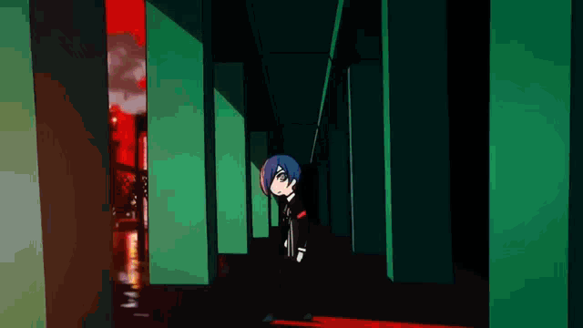 a cartoon character with blue hair is standing in a dark hallway with a fire in the background .