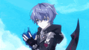 a boy with purple hair is holding a sword in his hand