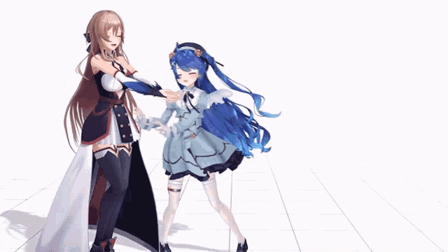 two anime characters are dancing together and one has blue hair