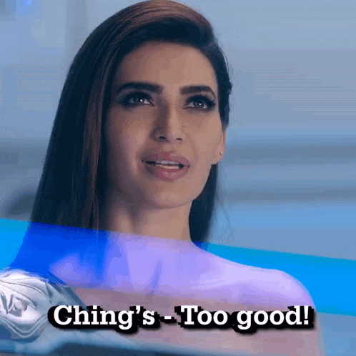 a woman says " ching 's too good " in front of a purple background