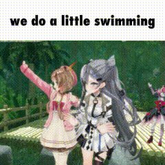 a group of anime girls are standing next to each other in a park and the caption says we do a little swimming .