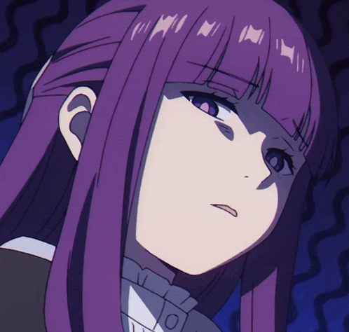 a close up of a girl with purple hair and a white shirt