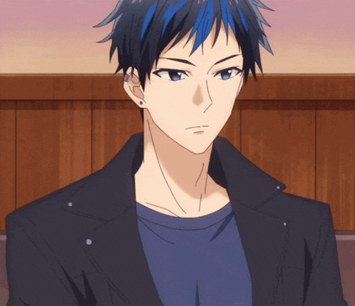 a man with blue hair and a black jacket