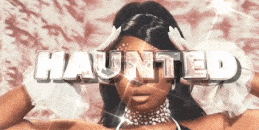 a woman wearing white gloves and a choker stands in front of the words haunted