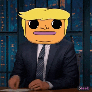 a man in a suit has a cartoon face on his head