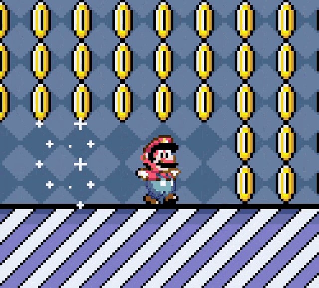 a pixel art of mario standing in front of a wall with gold coins
