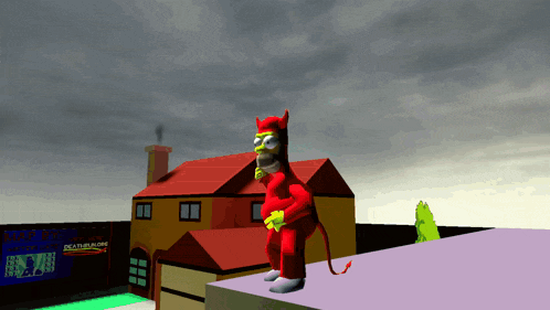 a cartoon character in a devil costume stands in front of a house with a sign that says death alone