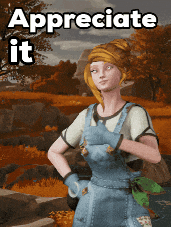 a woman in overalls is standing in a field with her hands on her hips and says appreciate it