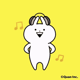 a cartoon of a bunny wearing headphones and a yellow background