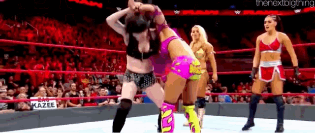 a group of women are wrestling in a ring while a crowd watches .
