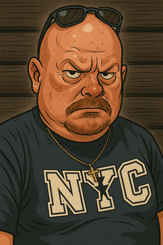 a cartoon drawing of a man wearing a nyc t-shirt
