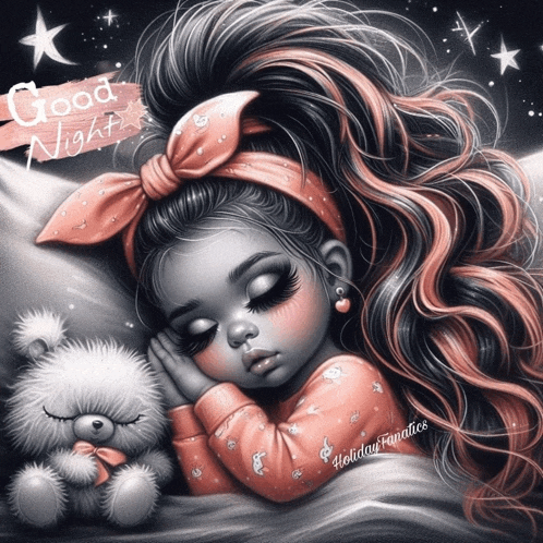 a little girl is sleeping next to a teddy bear with the words good night written above her