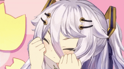 a cartoon girl with long white hair and ears is covering her face with her hand .