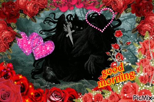 a picture that says good morning with a crow and hearts