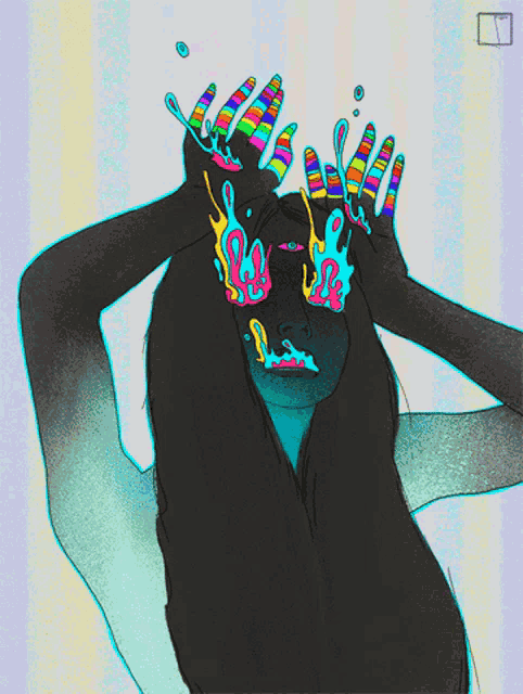 a drawing of a person with a rainbow colored hand coming out of their head