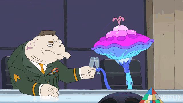 a cartoon of a man in a military uniform with a netflix logo in the background