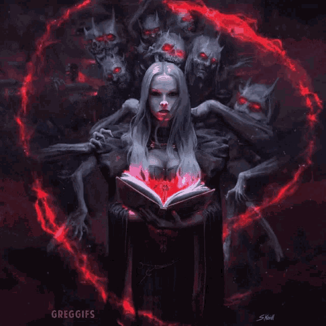 a painting of a woman holding a book surrounded by demons with the words greggifs on the bottom right