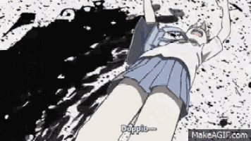 a girl in a school uniform is laying on the ground with blood coming out of her mouth .