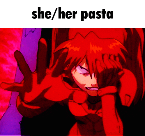 a picture of a red anime character with the words she / her pasta below her