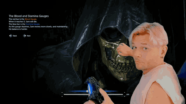 a man playing a video game with a grim reaper behind him