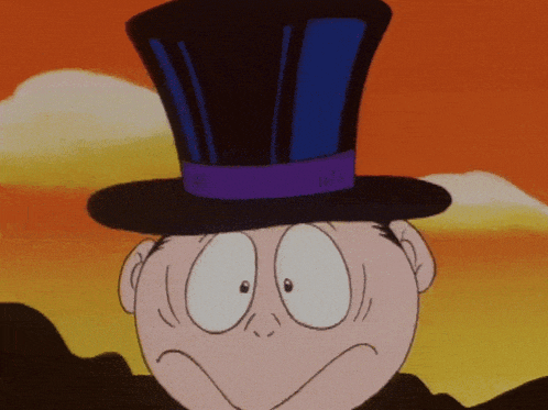 a cartoon character wearing a top hat with a purple ribbon