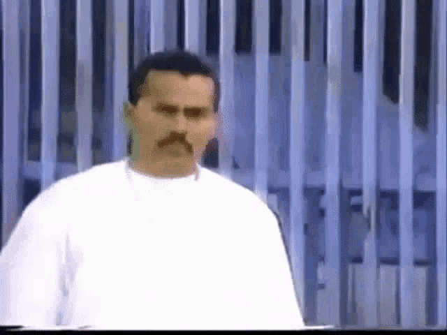 a man with a mustache is standing in front of a fence and looking at the camera .