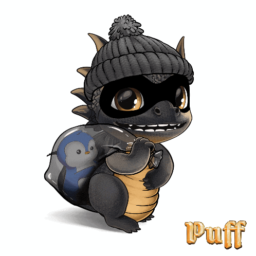a dragon wearing a mask and a beanie is holding a bag with a penguin inside of it