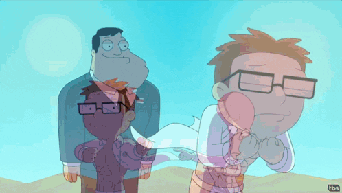 a cartoon of a man with glasses standing next to a man with no shirt on