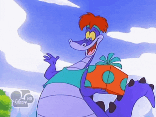 a cartoon character from disney holding a gift