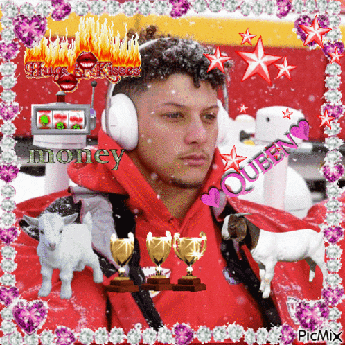 a picture of a man wearing headphones with the words money and queen on the bottom