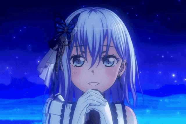 a girl with blue hair and a butterfly on her head