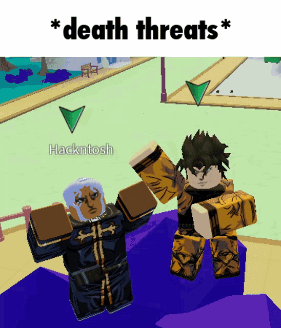 two cartoon characters are standing next to each other with the words " death threats " on top