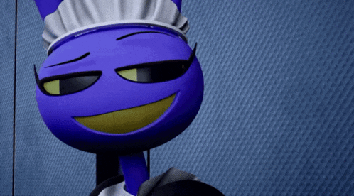 a blue cartoon character is wearing a maid costume