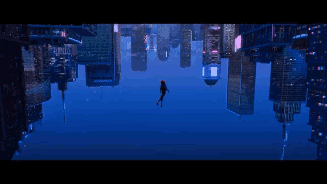a person is flying through a city with buildings that are upside down