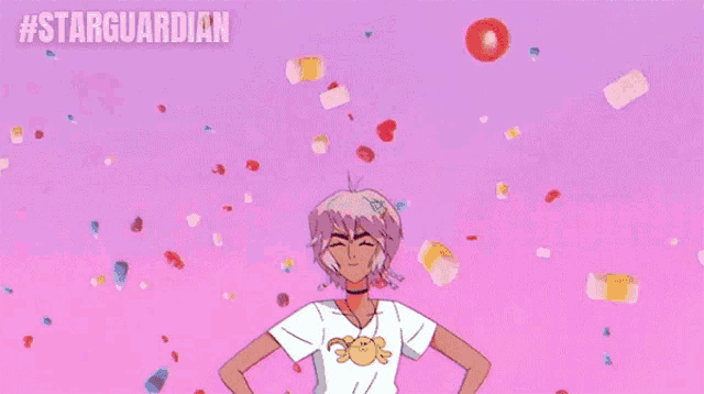 a girl with her arms outstretched is surrounded by confetti and the words #starguardian