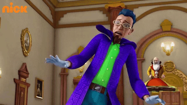 a man in a purple coat and green shirt is in a room with a nick logo