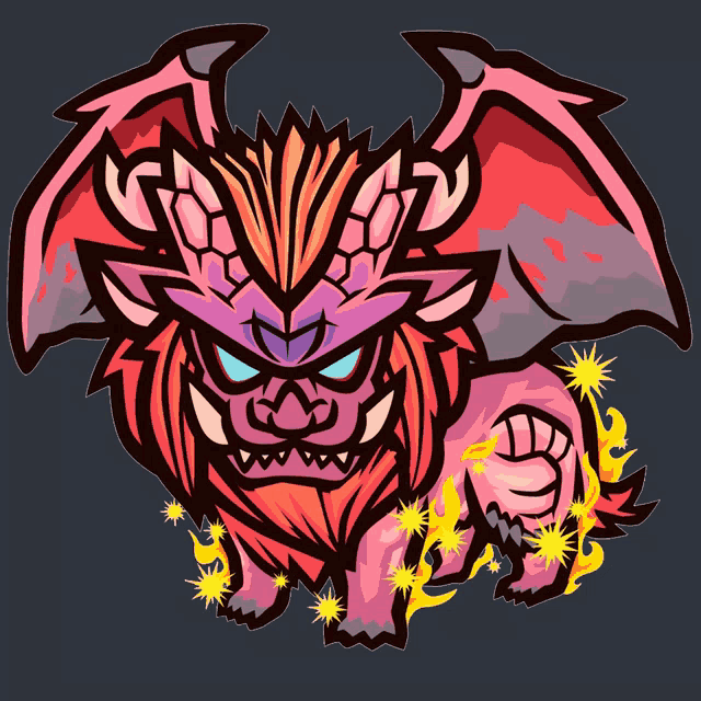 a cartoon drawing of a lion with wings and fire around it