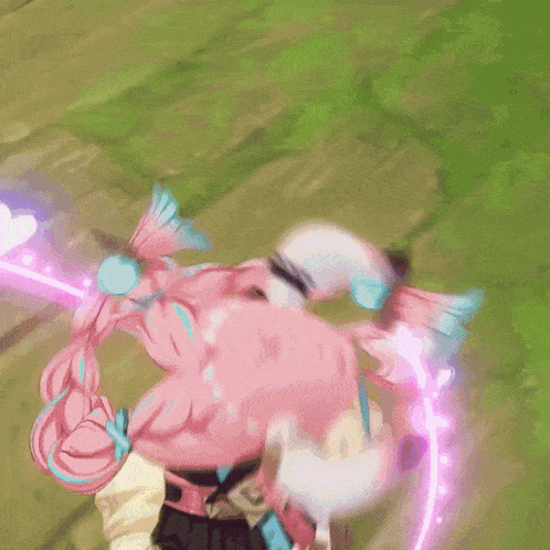 a girl with pink hair is holding a sword in her hand