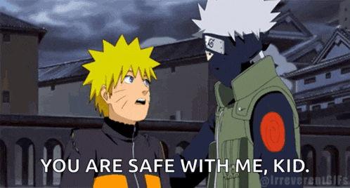 a cartoon of naruto and kakashi talking with the words " you are safe with me kid "
