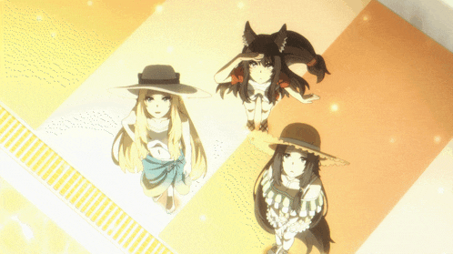 three anime girls are standing next to each other on a yellow and orange background