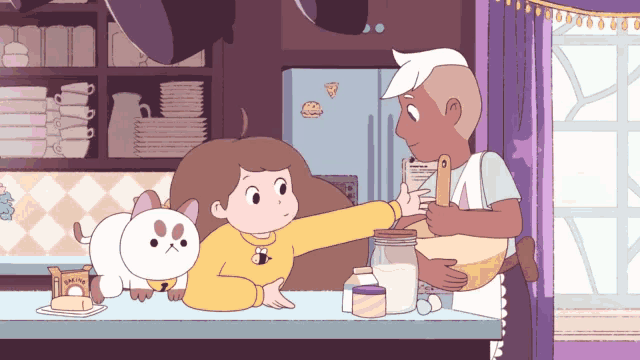 a cartoon drawing of a man and a girl in a kitchen with a box of vanilla on the counter