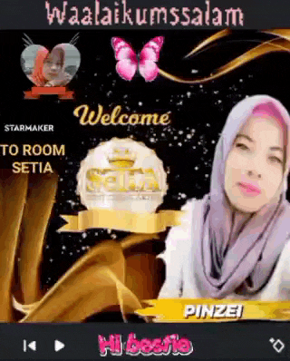 a woman in a hijab is standing in front of a welcome to room setup sign .