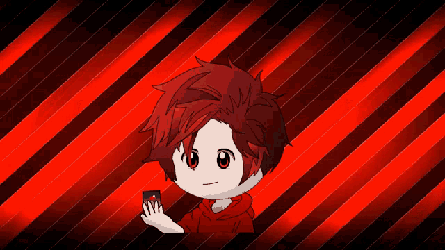 a red and black striped background with a person holding a card