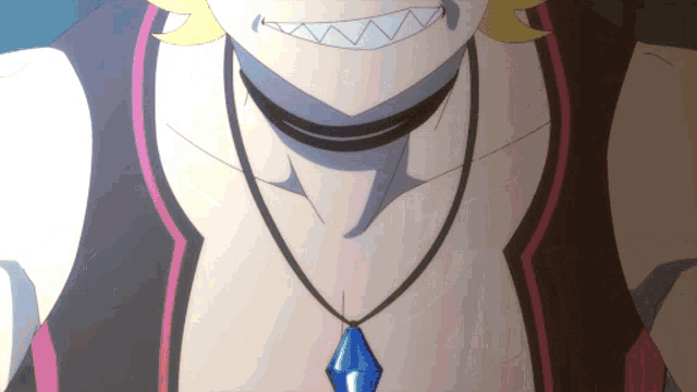 a close up of a person wearing a choker and a blue necklace