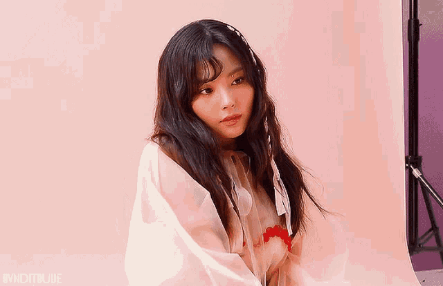 a woman in a pink dress is sitting in front of a pink backdrop with the words banditblue written on the bottom