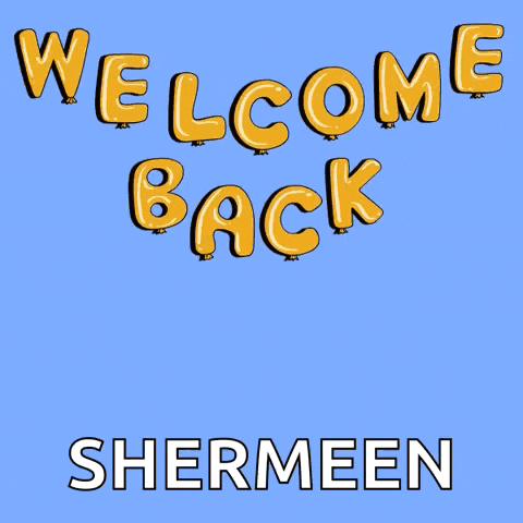 a giraffe wearing glasses and a hat is sitting in a chair with the words welcome back shermeen above him