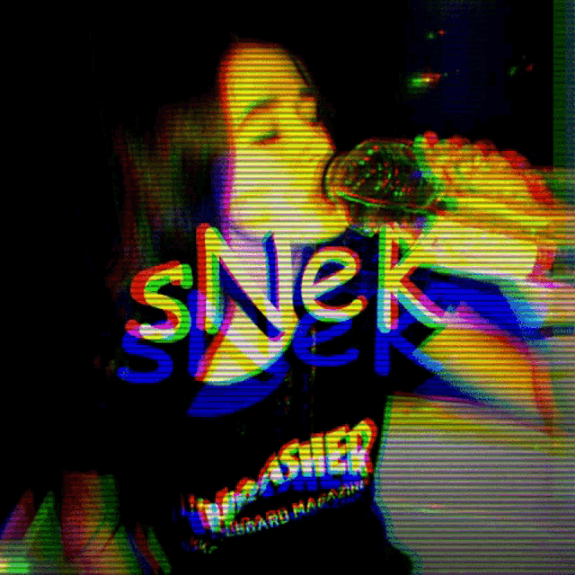 a woman is drinking from a bottle with the word snek written on her shirt