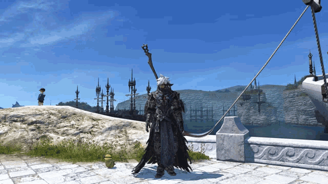 a person standing on a ledge with a sword and a cane